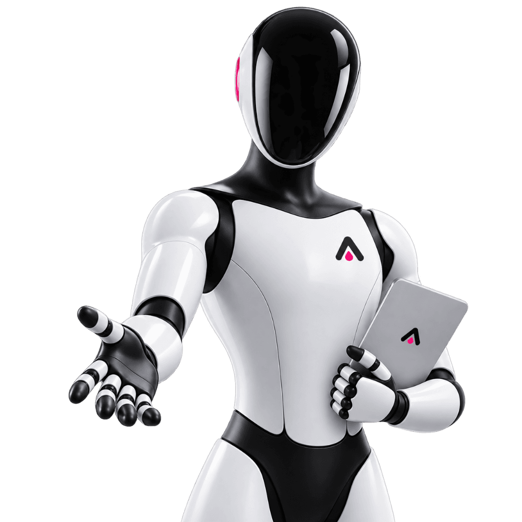 Robot oficial de Alcancemos sosteniendo tablet comercial